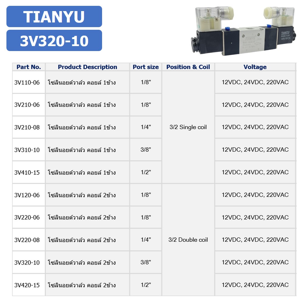 3V320-10 24VDC โซลินอยด์วาล์ว คอยล์ 2 ข้าง 3/2 way Double coil Solenoid Valve Pneumatic TIANYU โซลินอยลม วาล์วลม