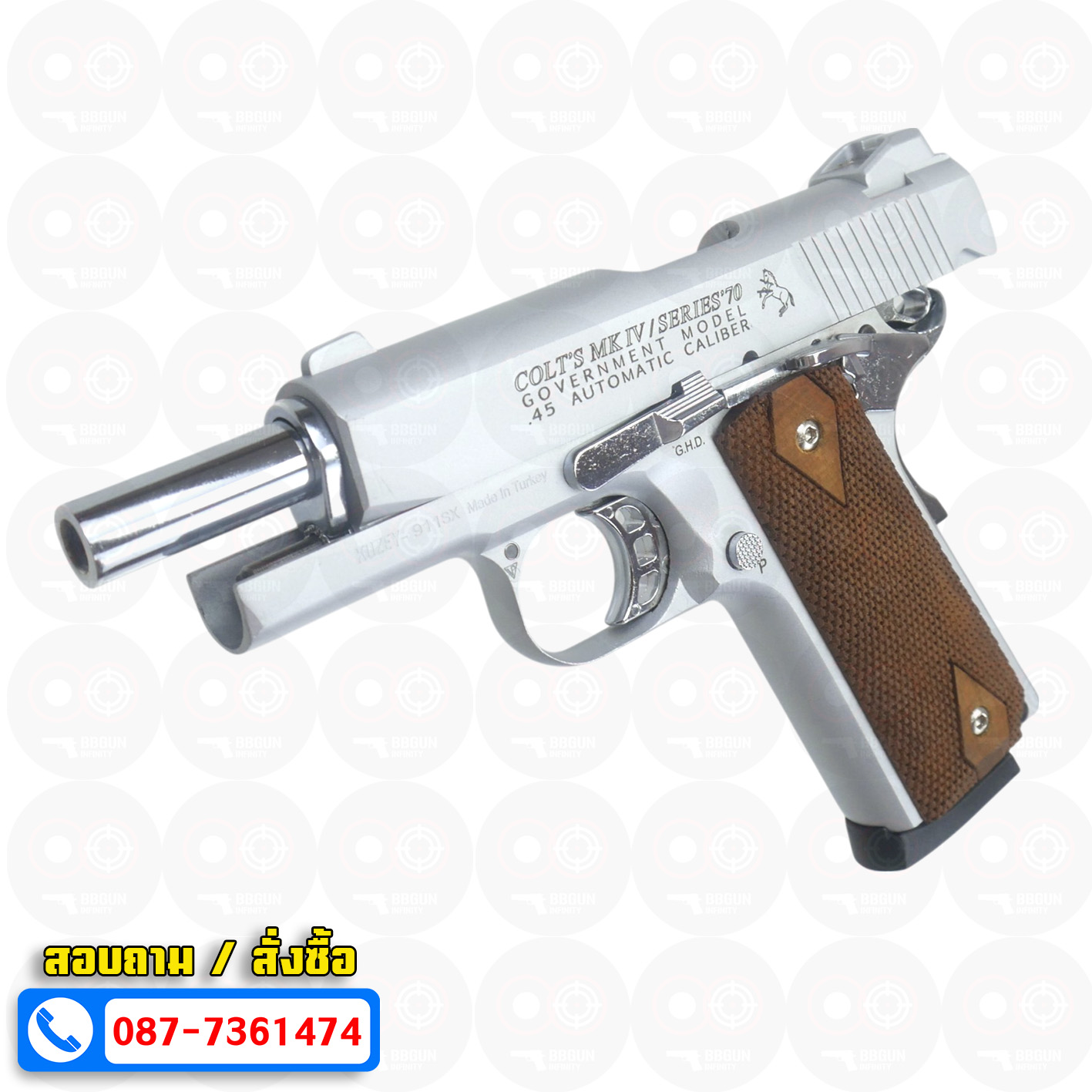 แบลงค์กัน KUZEY M1911 COLT MK IV SR70 สีเงินด้าน 4 นิ้ว ด้ามไม้ blank gun