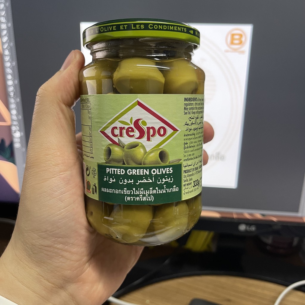 ครีสโป มะกอกเขียวไม่มีเมล็ดในน้ำเกลือ น้ำหนักสุทธิ 333 กรัม Crespo Pitted Green Olives in Brine 333 g.
