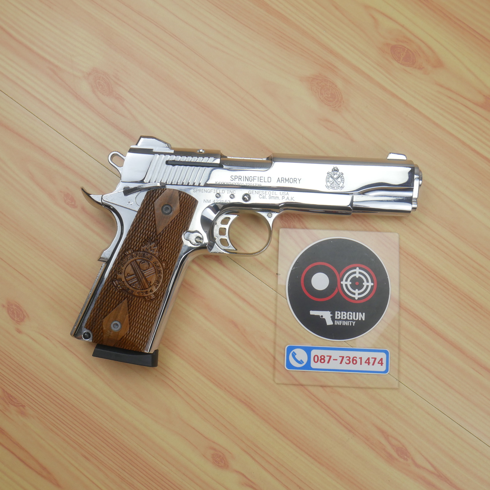 แบลงค์กัน KUZEY M1911-A1 ลำกล้อง 5 นิ้ว SPRINGFIELD ARMORY สีเงินเงา blank gun ด้ามไม้