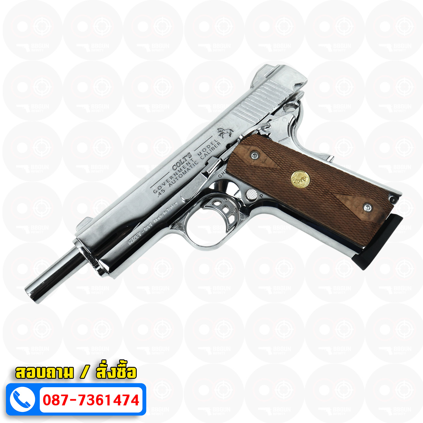 แบลงค์กัน KUZEY M1911 5 นิ้ว COLT GOVERMENT 100 Year สีเงินเงา blank gun ด้ามไม้