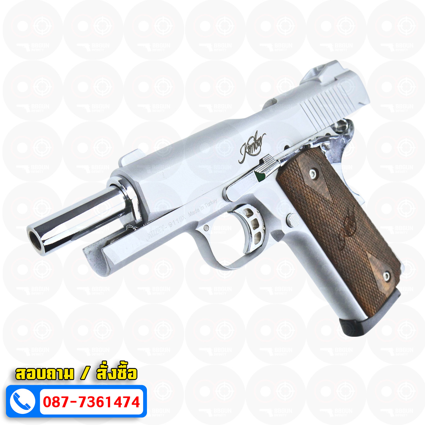Blank Gun KUZEY Kimber 1911 ลํากล้อง 4 นิ้ว เงินด้าน แบลงค์กัน ด้ามไม้ (แถมกล่องใส่ปืน)