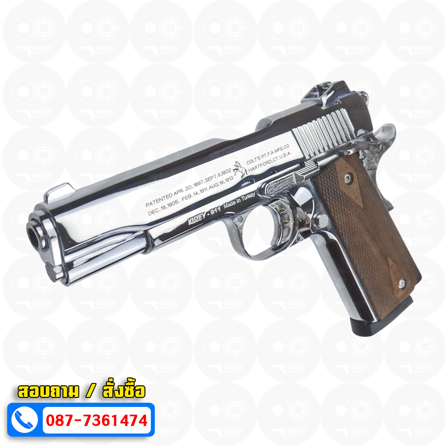 แบลงค์กัน KUZEY M1911 COLT'S 100 ปี สีเงินเงา ลำกกล้อง 5 นิ้ว blank gun ด้ามไม้