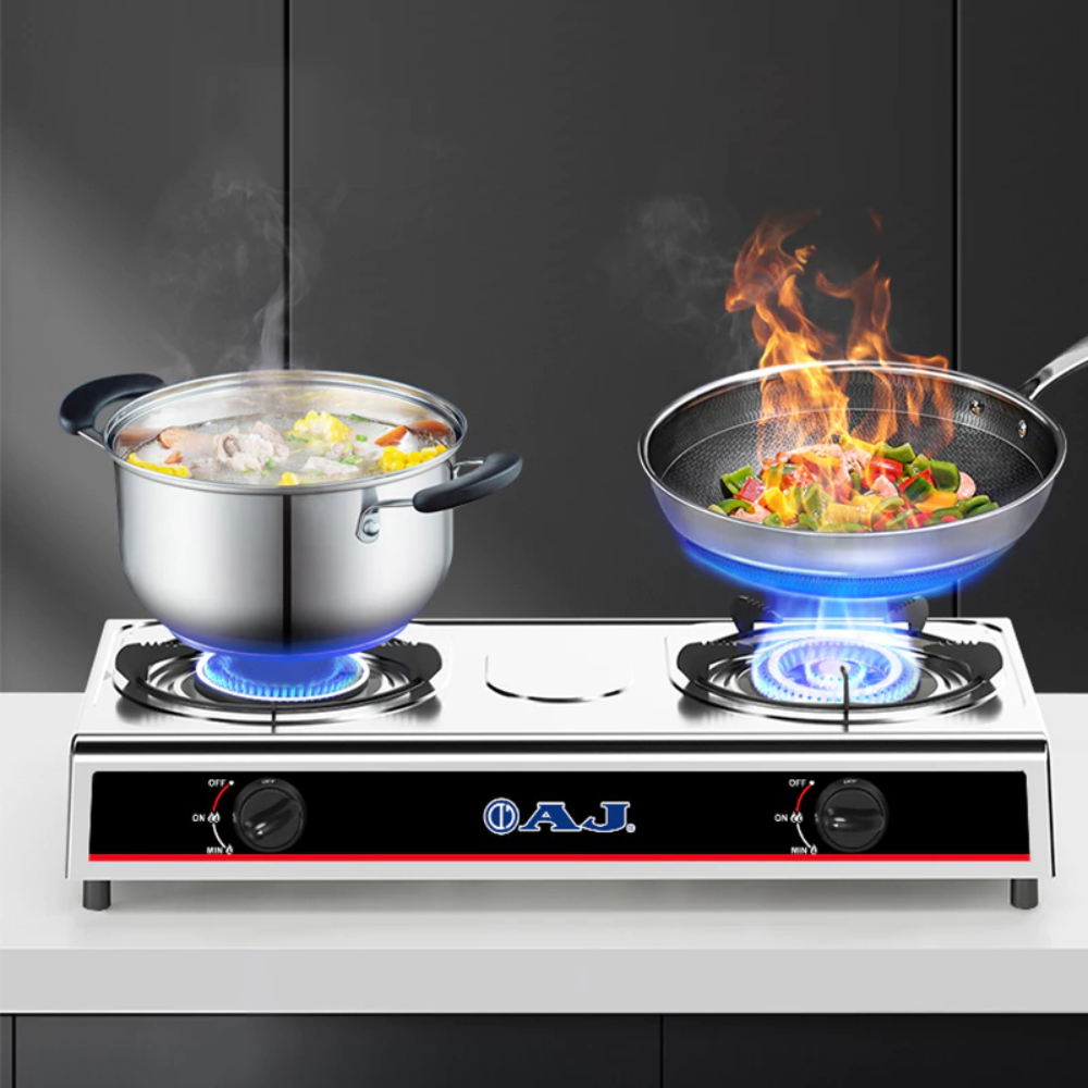 AJ เตาแก๊สสแตนเลส 2 หัว รุ่น AJ-GA2H-01A เตาแก๊สหัวคู่ อินฟาเรด + หัวฟู่ทองเหลือง