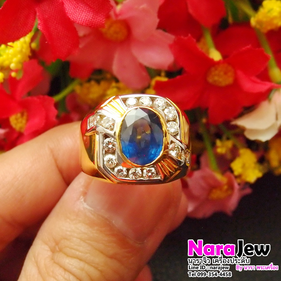 แหวนไพลินล้อมเพชรชาย สี Top รอยัลบลู Royal Blue Sapphire ล้อมเพชรแท้ พร้อมใบเซอร์สถาบันอัญมณี GBL หลุดจำนำ