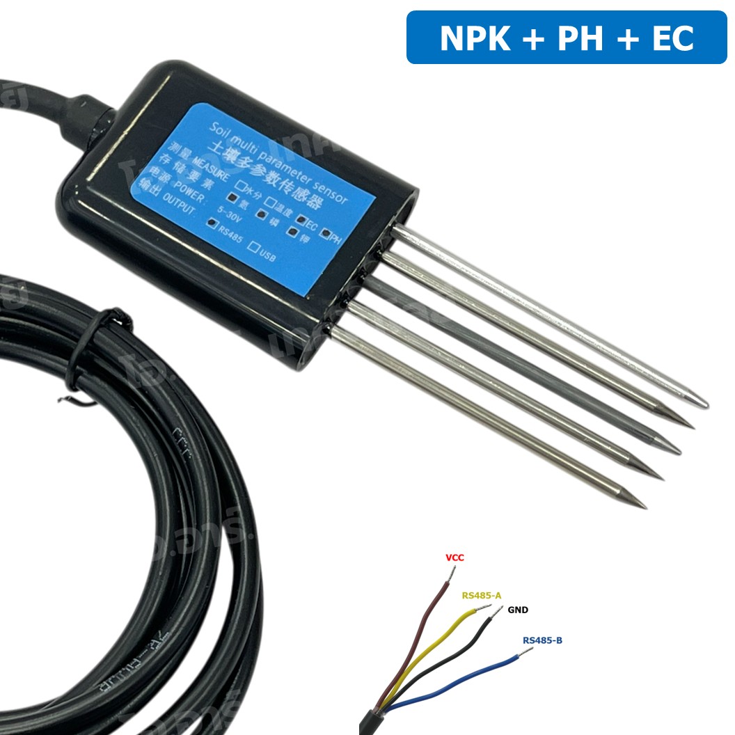 AF325 NPK+PH+EC เซนเซอร์วัดค่าแร่ธาตุในดิน+กรด-ด่าง PH+ความนำไฟฟ้า EC 5ขา RS485 Output 5 Pin Probes NPK+PH+EC Soil Sensor with cable 2m เซนเซอร์วัดสารอาหารในดิน+กรดด่าง+EC