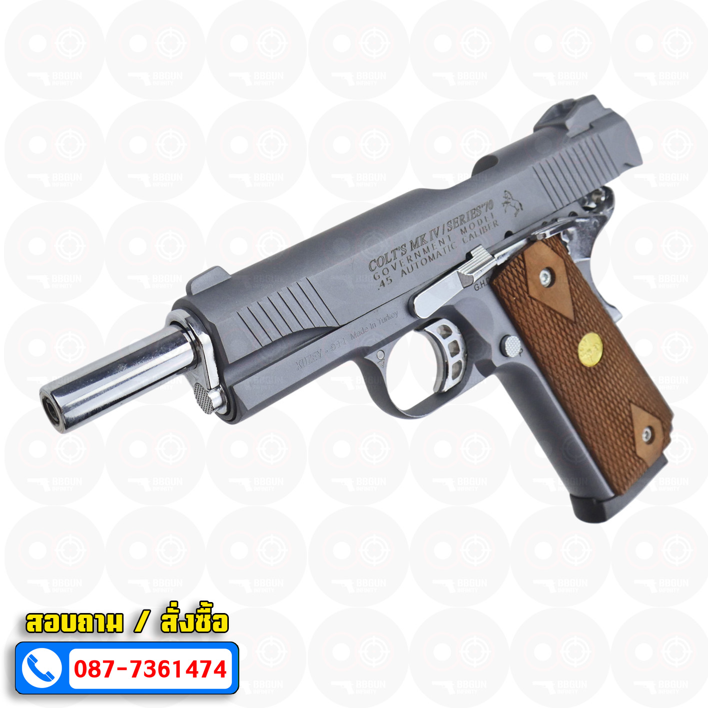 แบลงค์กัน KUZEY M1911 ลำ 5 นิ้ว COLT'S MK IV SERIES'70 blank gun สีสโม๊ค (smoke) ด้ามไม้