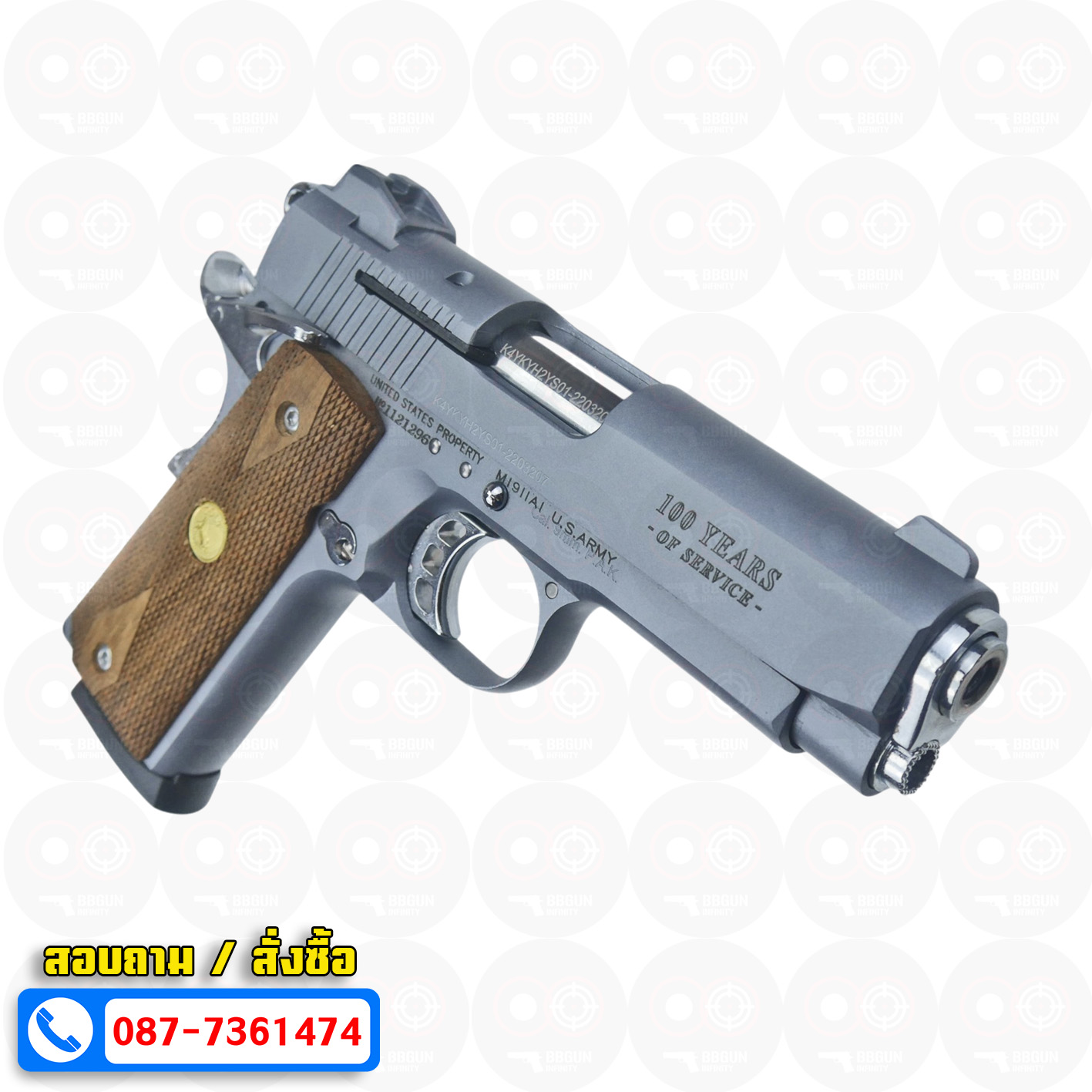 แบลงค์กัน KUZEY M1911 COLT'S 100 ปี สีสโมค 4 นิ้ว blank gun ด้ามไม้