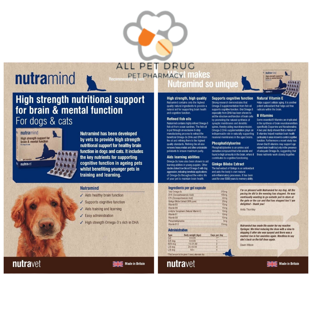 Nutramind 45 gel capsules/box อาหารเสริมบำรุงประสาทและสมอง สำหรับสุนัขและแมว