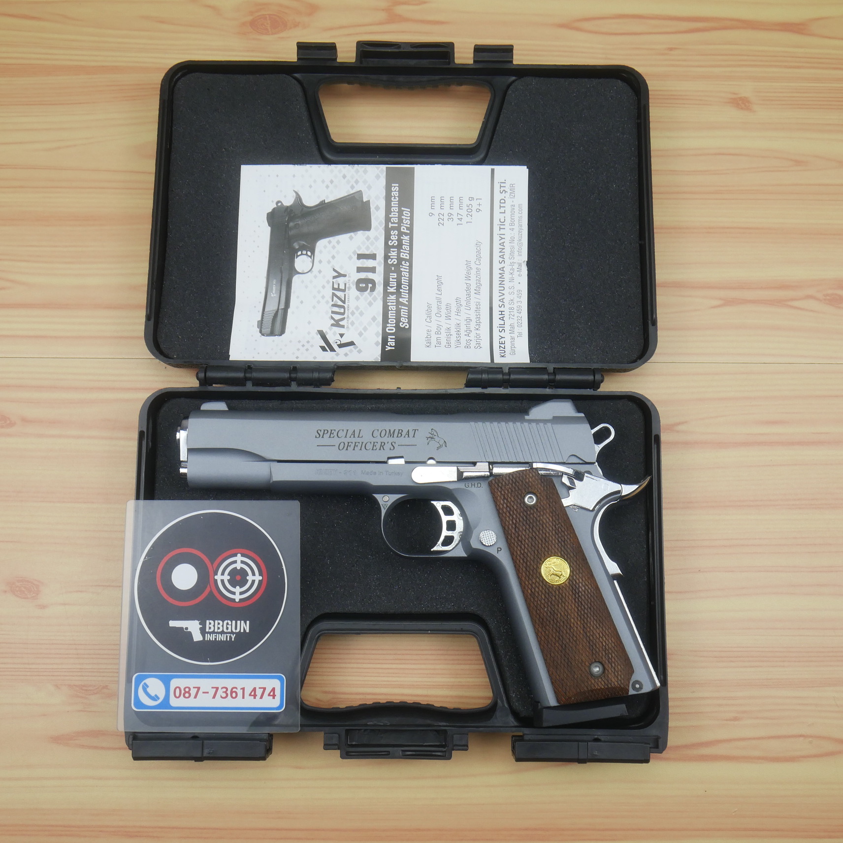 แบลงค์กัน KUZEY M1911 Special Combat สีสโมค ลำกล้อง 5 นิ้ว blank gun ด้ามไม้