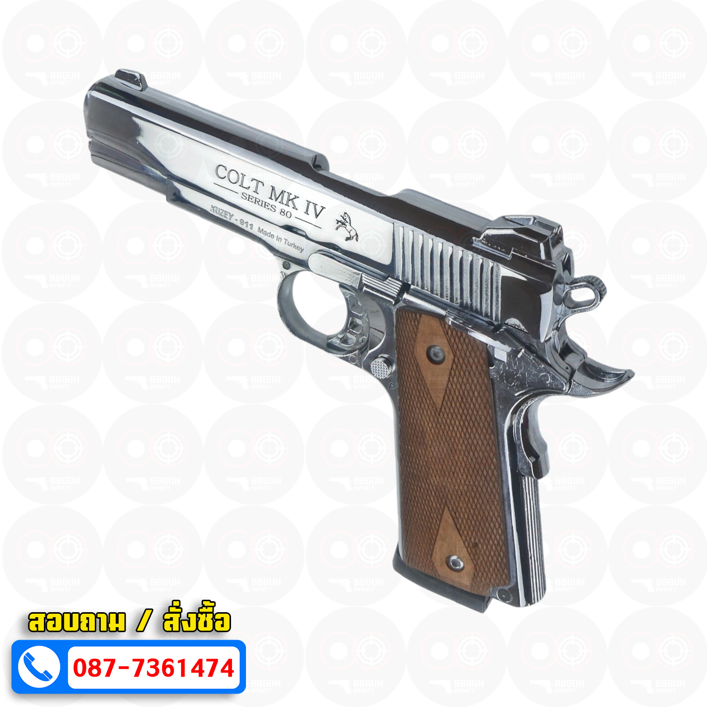 แบลงค์กัน KUZEY M1911 COLT'S MK IV SERIES 80 blank gun สีเงินเงา ลำกล้อง 5 นิ้ว ด้ามไม้