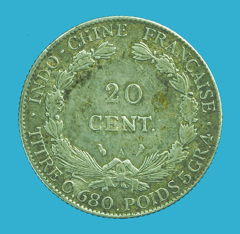 *39457 เหรียญฝรั่งเศส - อินโดจีน ปี ค.ศ. 1921 ราคาหน้าเหรียญ 20 เซนต์ เนื้่อเงิน 10.1