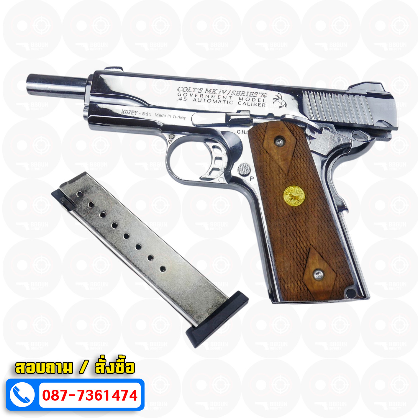 แบลงค์กัน KUZEY M1911 COLT MK IV SR70 สีเงินเงา 5 นิ้ว ด้ามไม้ (แถมกล่องใส่ปืน) blank gun