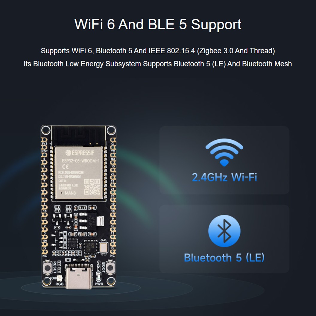 บอร์ด ESP32-C6-WROOM-1-N16 16MB Flash module core board Bluetooth/WiFi6 RISC-V development board ESP32-C6 แบบบัดกรี/ไม่บัดกรีขา Solder/Solderless