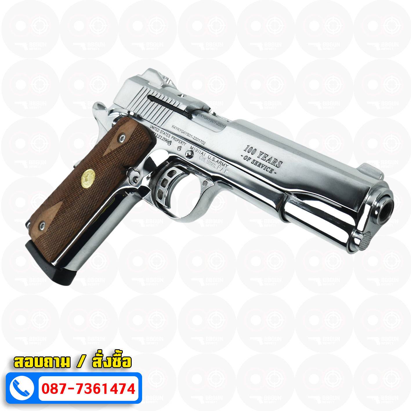 แบลงค์กัน KUZEY M1911 5 นิ้ว COLT GOVERMENT 100 Year สีเงินเงา blank gun ด้ามไม้
