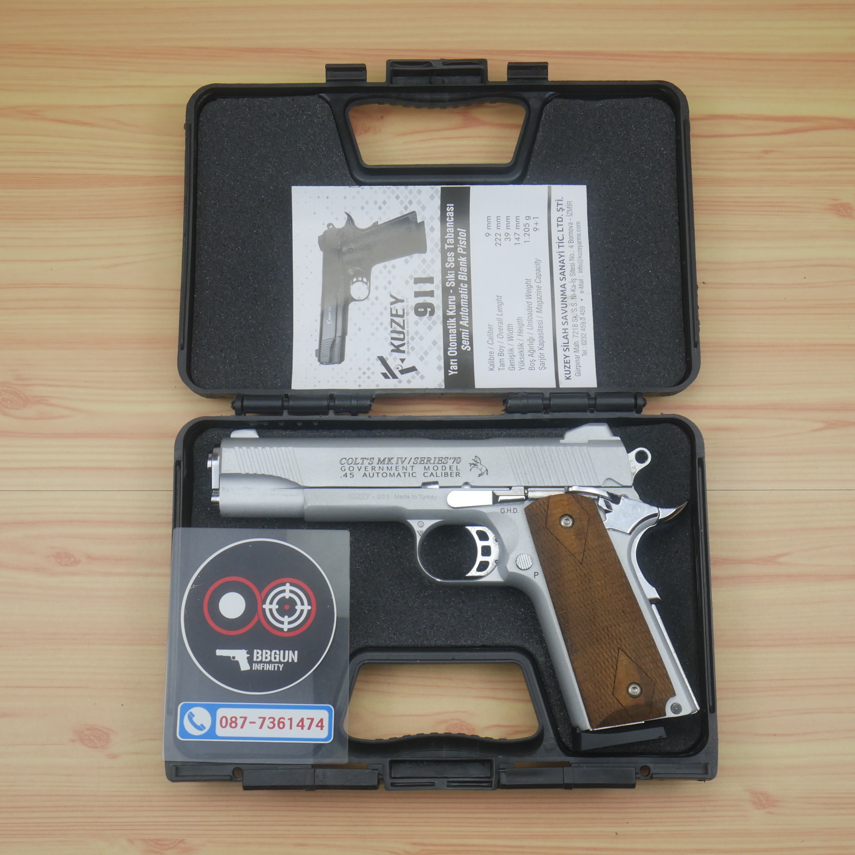 แบลงค์กัน KUZEY M1911 COLT MK IV SR70 สีเงินด้าน 5 นิ้ว ด้ามไม้ blank gun