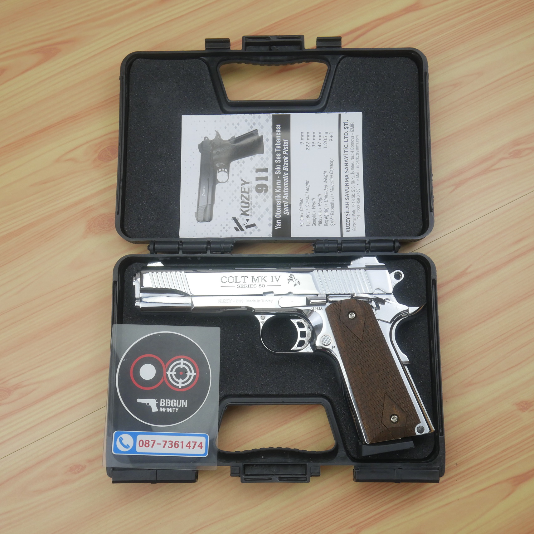 แบลงค์กัน KUZEY M1911 COLT MK IV SERIES 80 สีเงินเงา 5 นิ้ว ด้ามไม้ Blank Gun