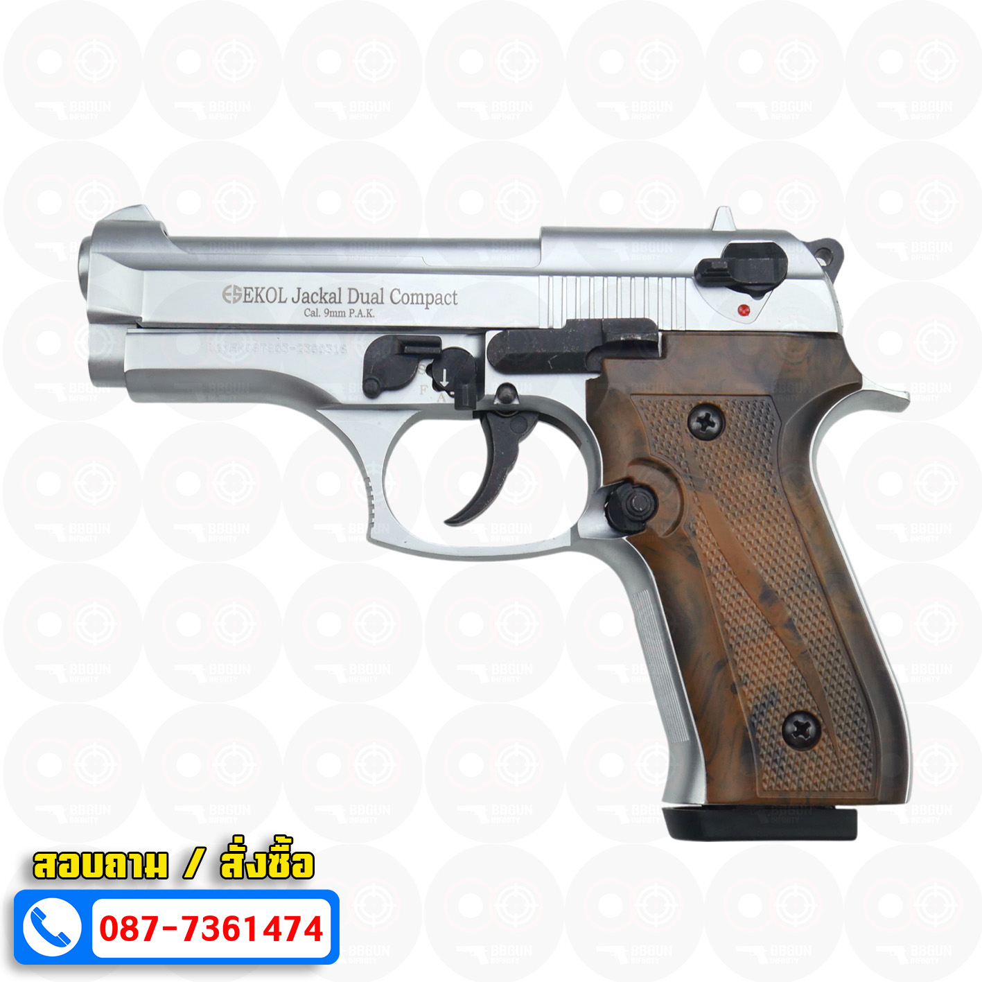 EKOL Jackal Dual Compact M92 4" (Full Auto) สีเงินด้าน แบลงค์กันบาเร็ตต้า 9 mm.P.A.K. (ฟูลออโต้) (แถมกล่องใส่ปืน แม็กกาซีน 2 อัน) blank gun