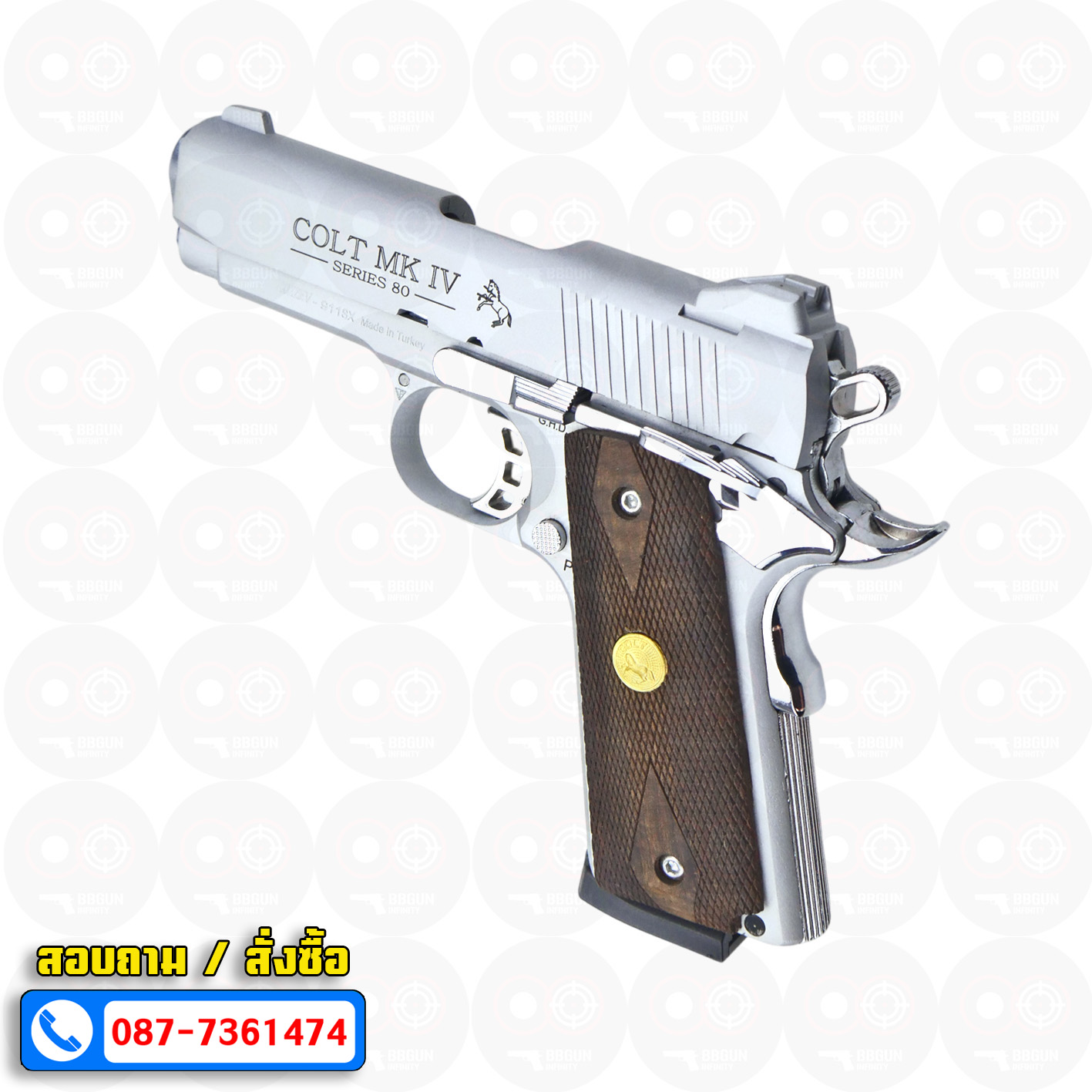 Blank Gun KUZEY M1911 COLT MK IV SERIES 80 ลำกล้อง 4 นิ้ว เงินด้าน แบลงค์กัน ด้ามไม้ (แถมกล่องใส่ปืน)
