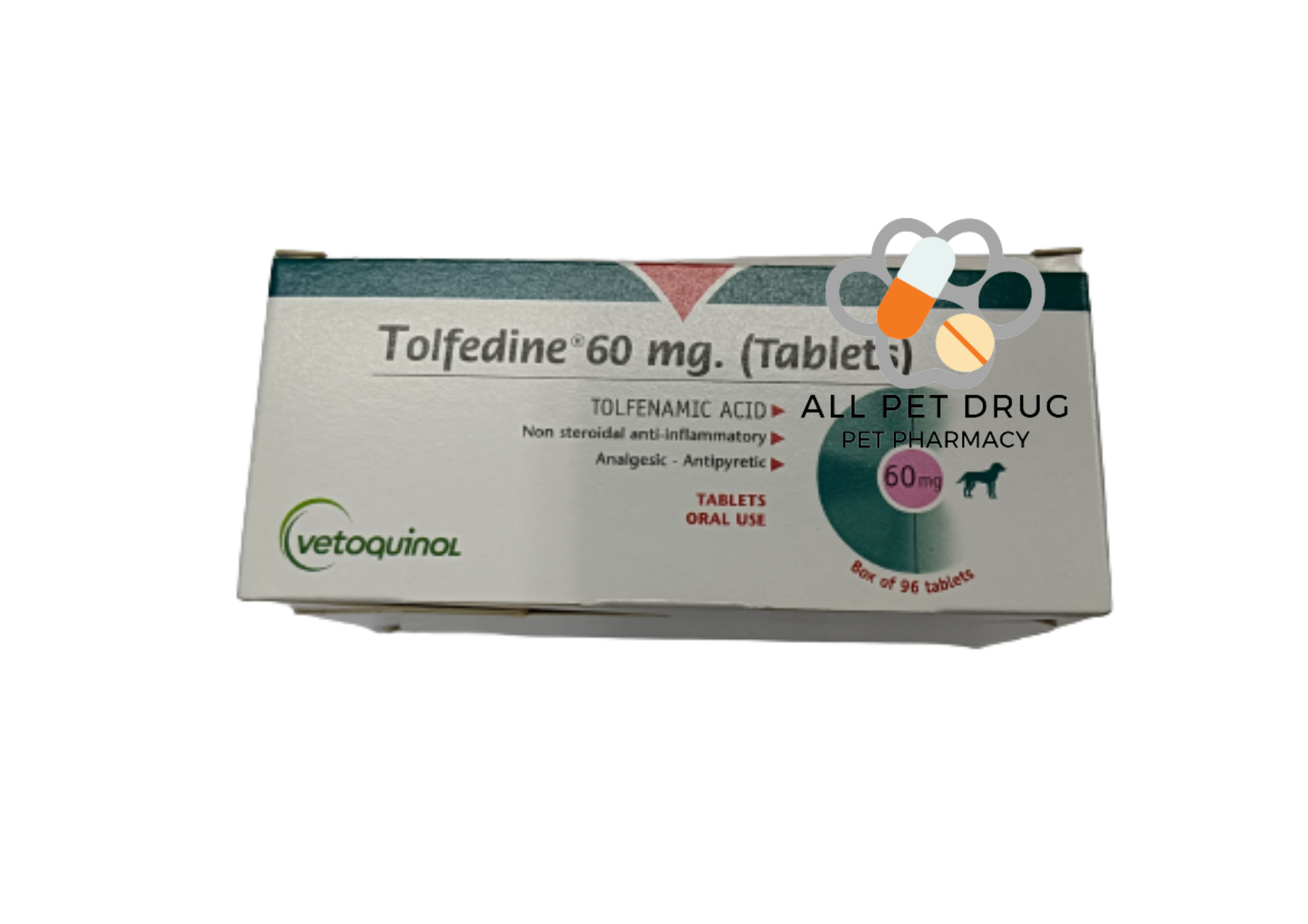 Tolfedine 60 mg. (1 กล่อง/12แผง/ 96 เม็ด )ยาบรรเทาปวด ลดไข้สำหรับสุนัขและแมว
