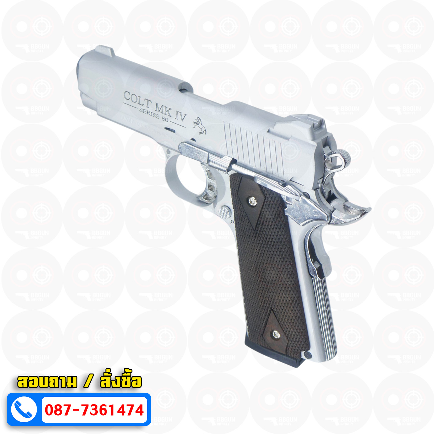 แบลงค์กัน KUZEY M1911 COLT MK IV SERIES 80 สีเงินด้าน 4 นิ้ว ด้ามไม้ Blank Gun