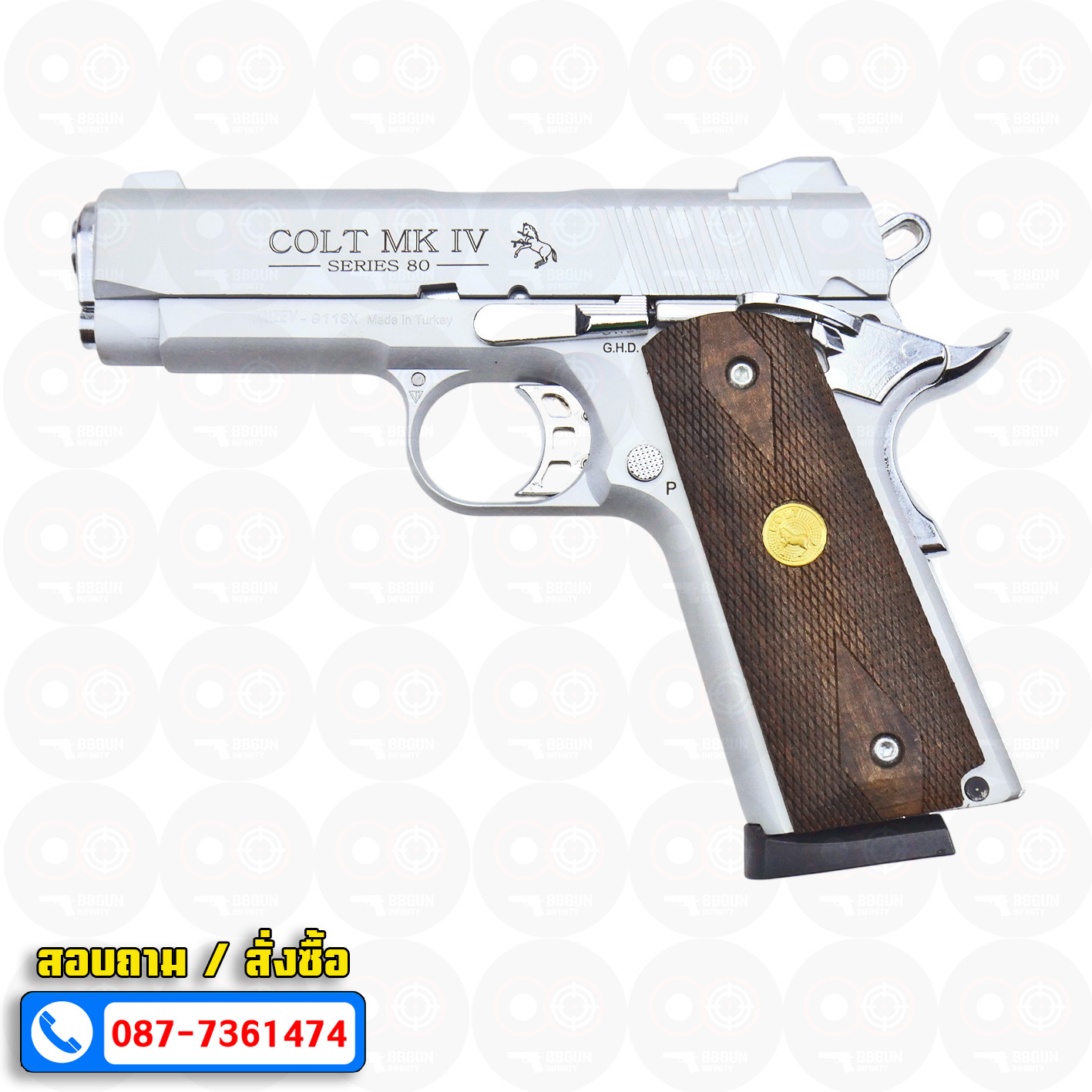Blank Gun KUZEY M1911 COLT MK IV SERIES 80 ลำกล้อง 4 นิ้ว เงินด้าน แบลงค์กัน ด้ามไม้ (แถมกล่องใส่ปืน)