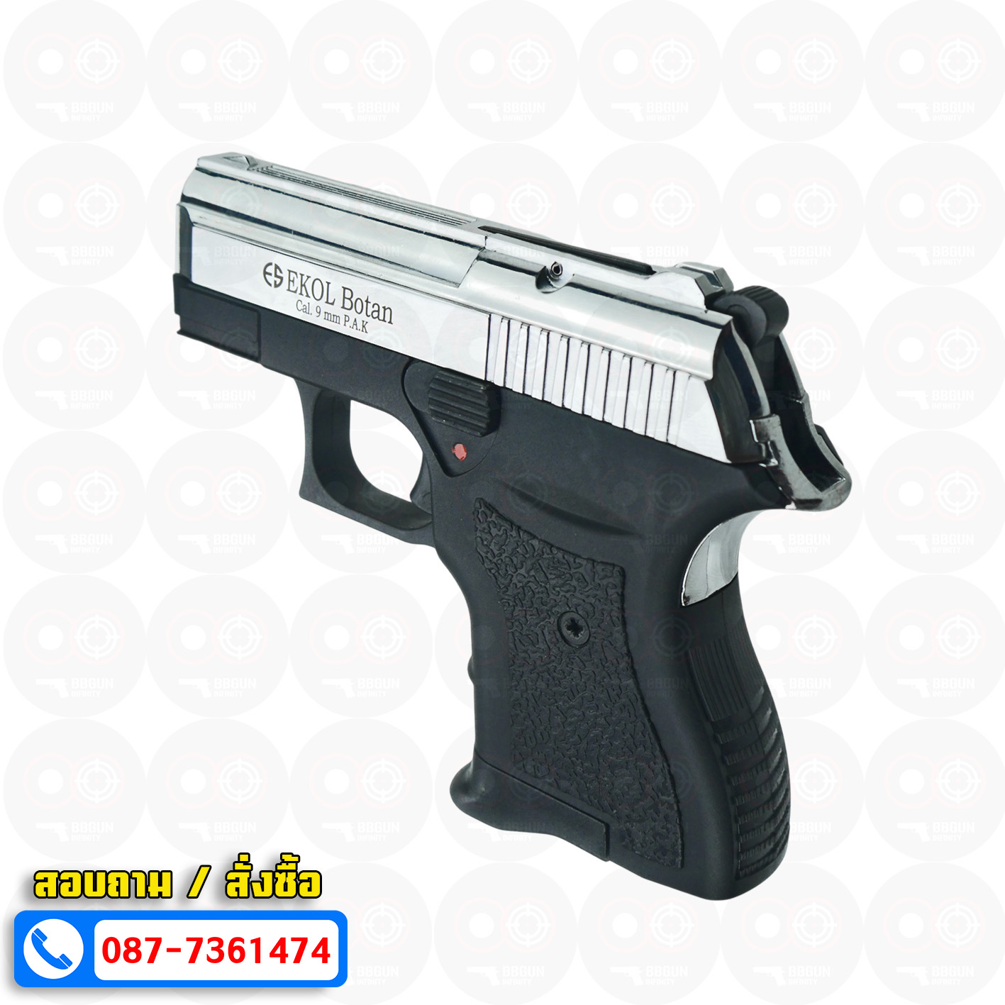 แบลงค์กัน EKOL BOTAN Shiny Chrome สีโครเมี่ยมเงา 9 mm P.A.K. Blank gun (แถมกล่องใส่ปืน)