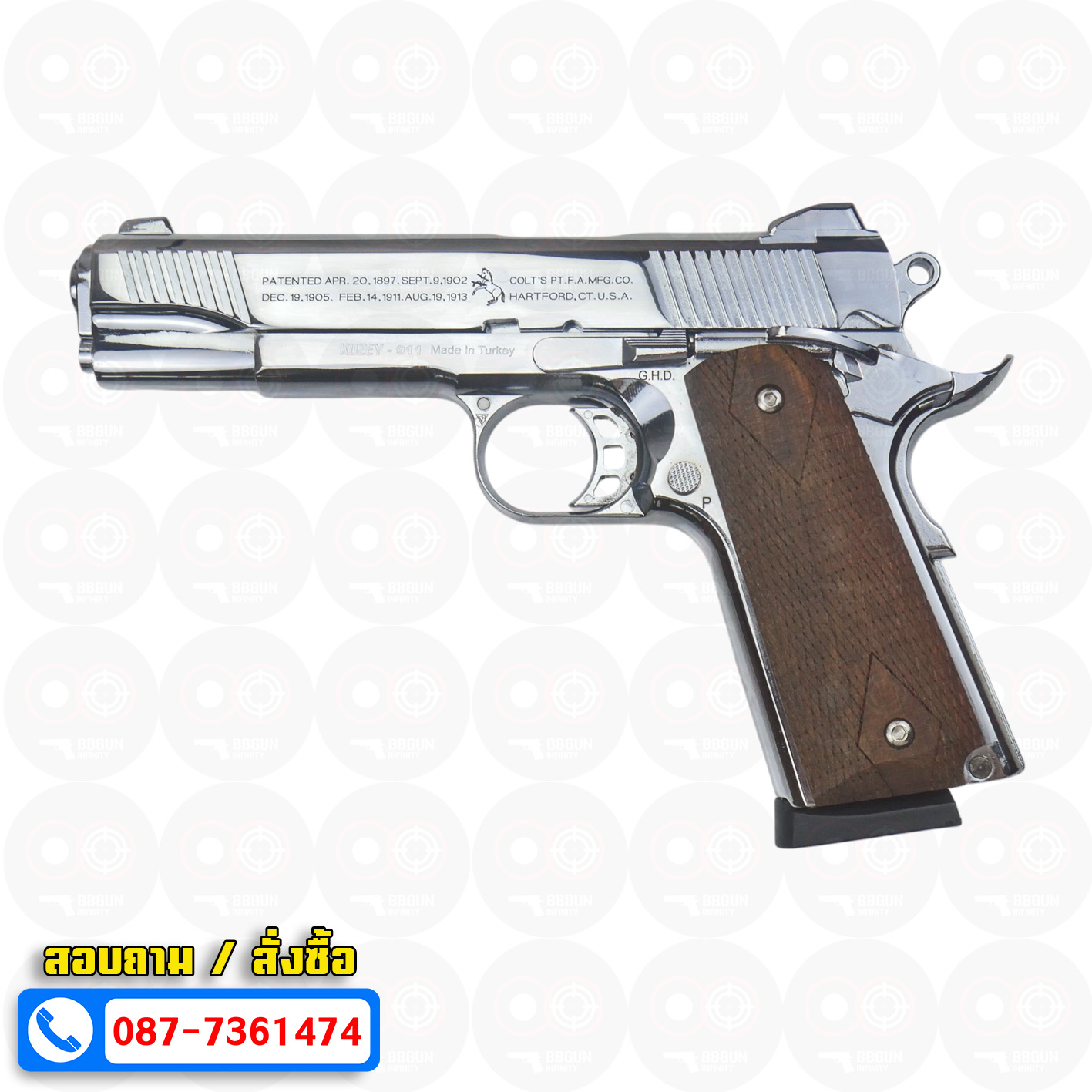 แบลงค์กัน KUZEY M1911 COLT'S 100 ปี สีเงินเงา 5 นิ้ว ด้ามไม้ blank gun