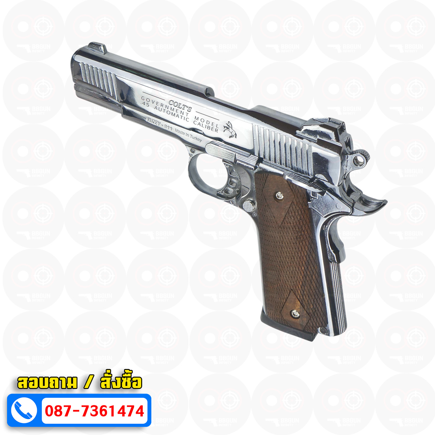 แบลงค์กัน KUZEY M1911 COLT GOVERMENT 100 Year เงินเงา 5 นิ้ว ด้ามไม้ blank gun