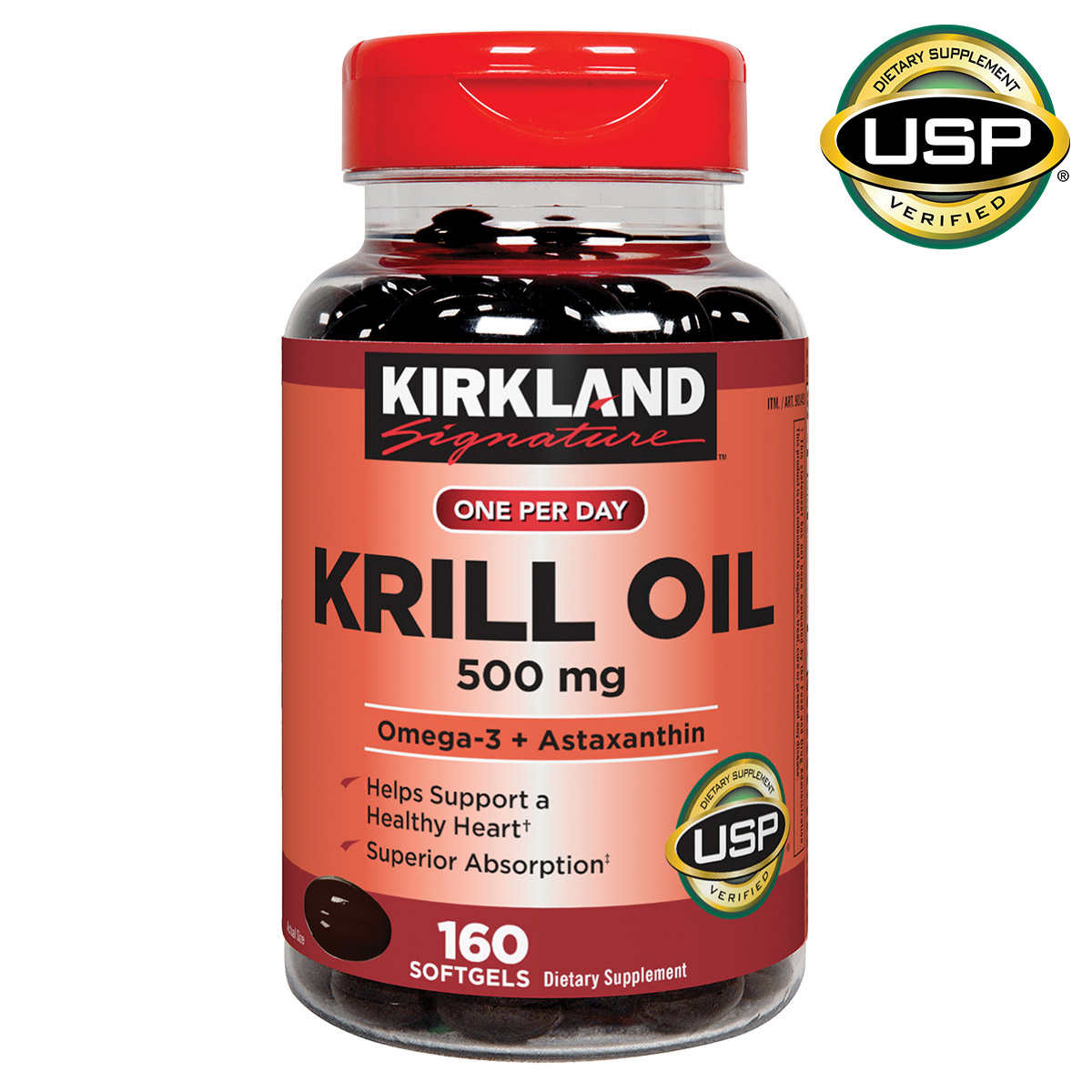 Kirkland Signature Krill Oil 500 mg Omega 3 & Astaxanthin 160 Softgels (100% pure) น้ำมันกุ้งแดง จากอเมริกา