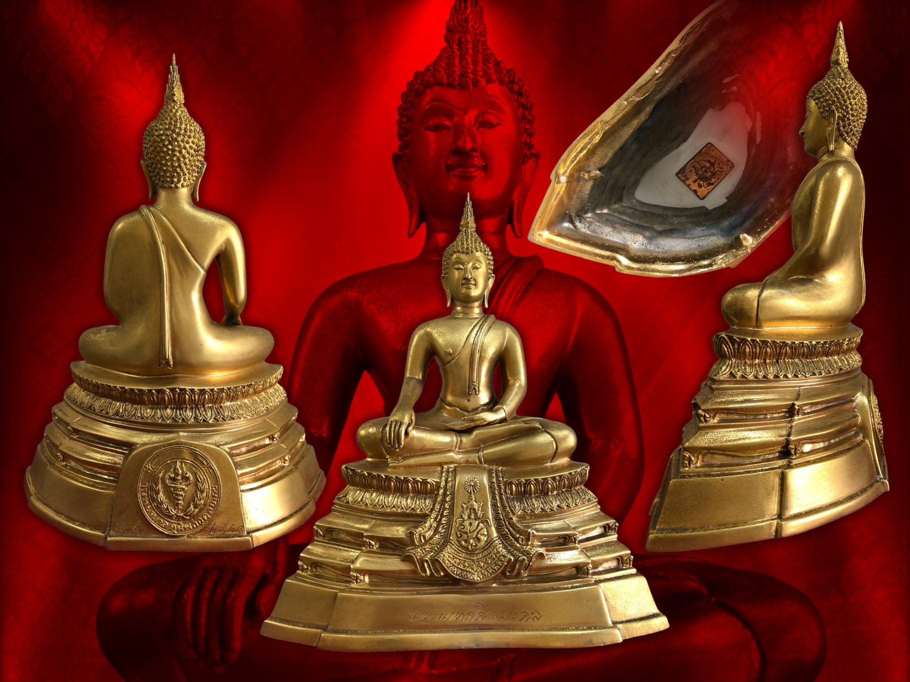 พระบูชาพุทธศิรมงคล (พระคุ้มเกล้า) ภปร. ปี 2524 ขนาดหน้าตัก 5 นิ้ว เนื้อทองเหลืองขัดเงา ฐานกว้าง 8 นิ้ว องค์นี้ หมายเลข. No.451 พิธีใหญ่อลังการสุดๆ