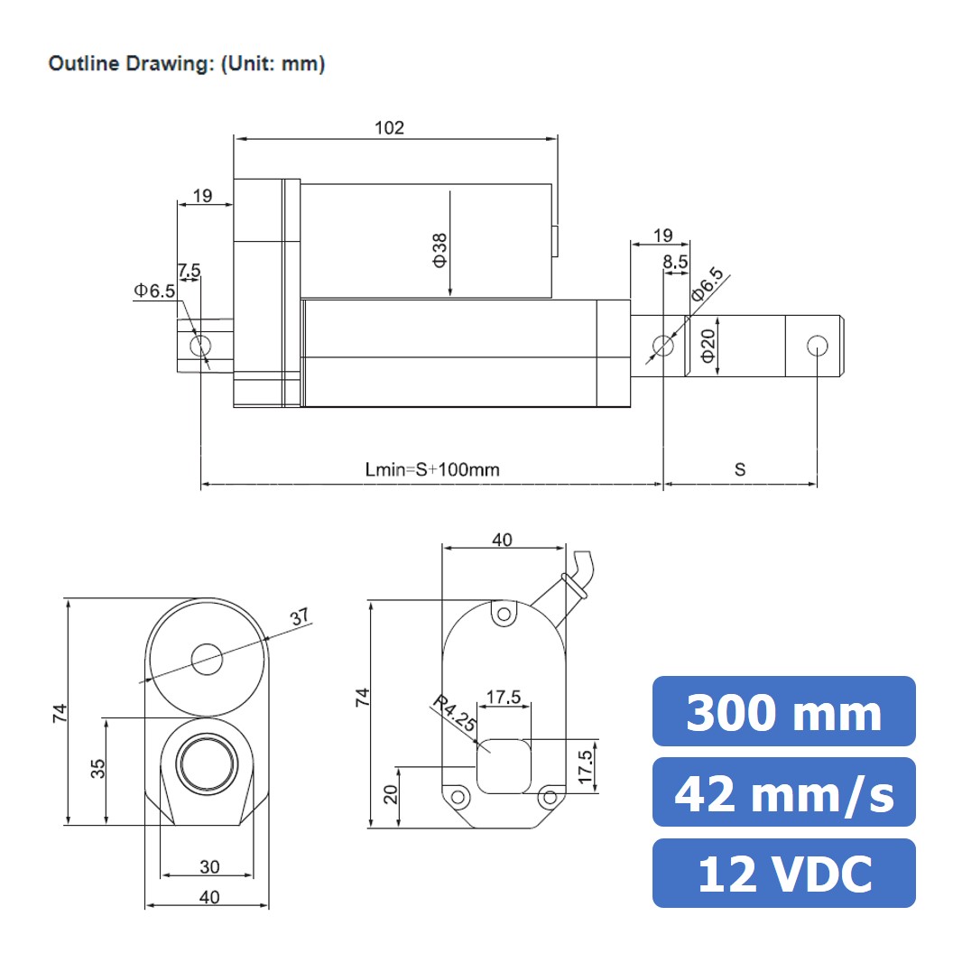 ZGB758 มอเตอร์ก้านชัก 12V/24VDC ความเร็ว 42mm/s ระยะชัก 200/300/500mm 125N Electric Linear Actuator Putter ZHENGKE พัตเตอร์ไฟฟ้า