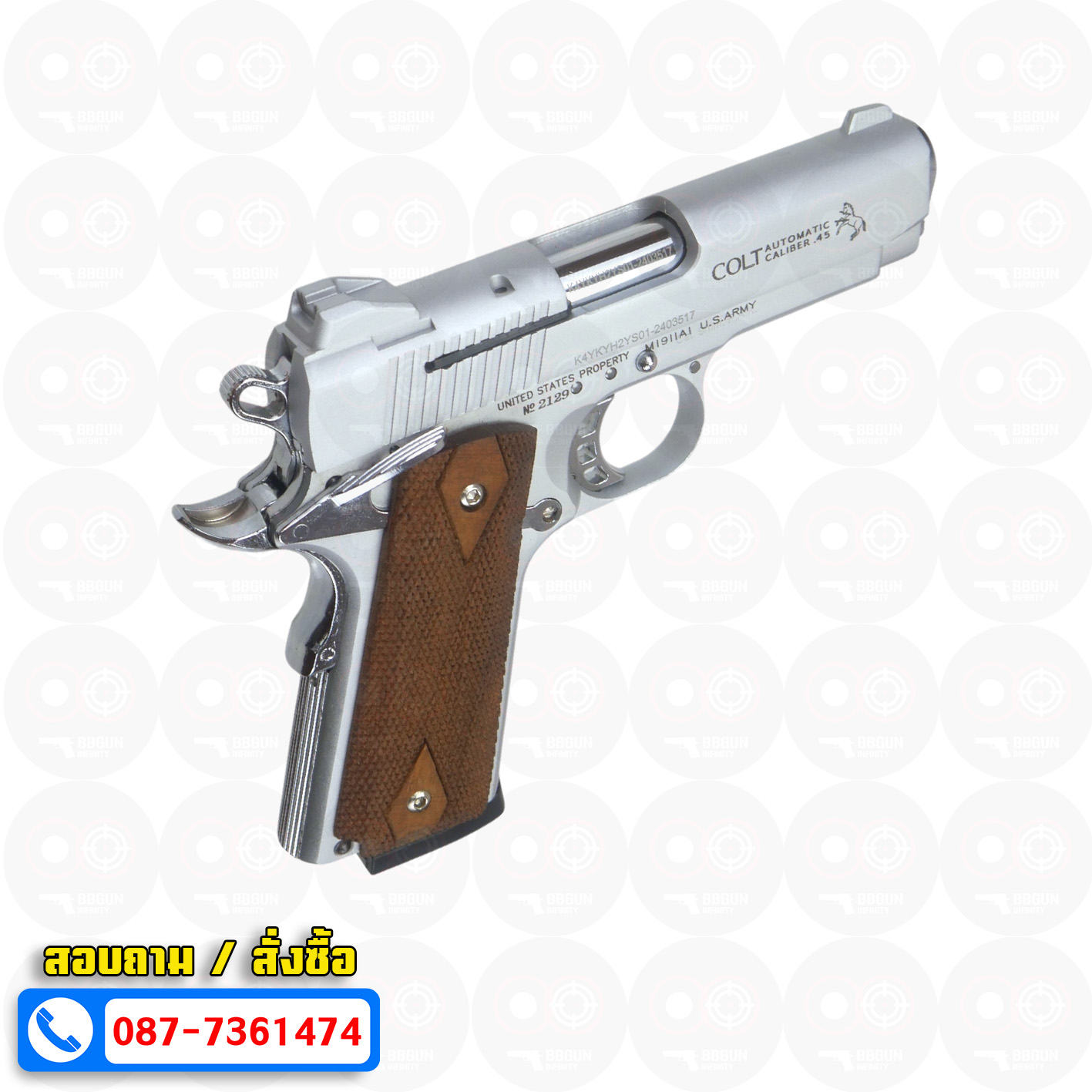 แบลงค์กัน KUZEY M1911 COLT MK IV SR70 สีเงินด้าน 4 นิ้ว ด้ามไม้ blank gun