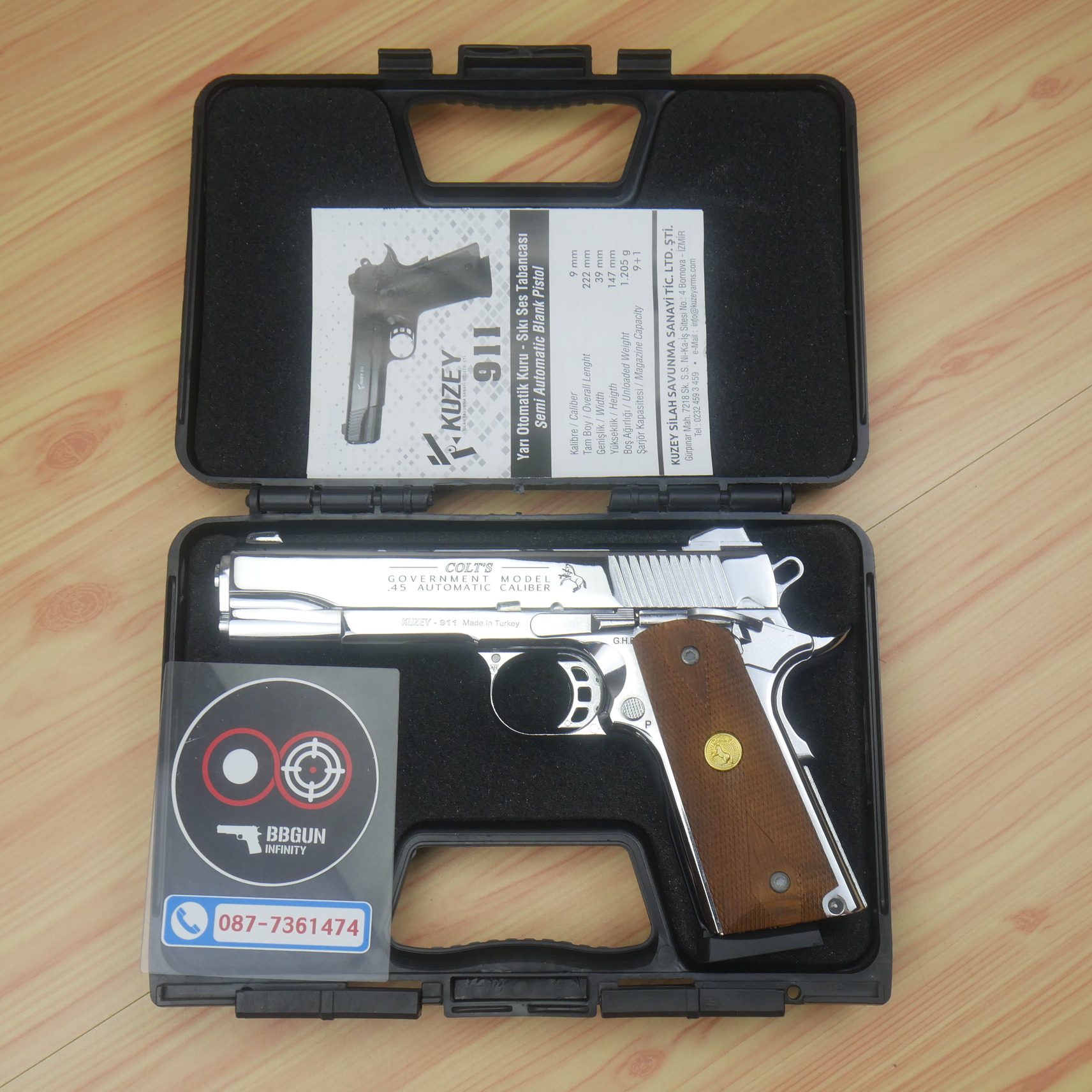 แบลงค์กัน KUZEY M1911 5 นิ้ว COLT GOVERMENT 100 Year สีเงินเงา blank gun ด้ามไม้