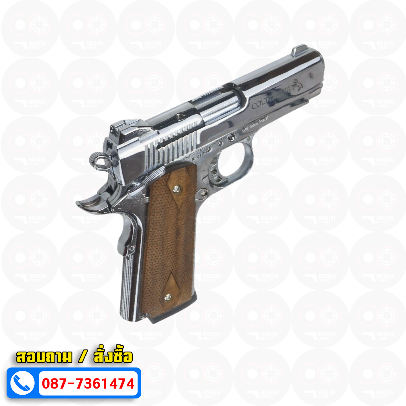 แบลงค์กัน KUZEY M1911 COLT'S DEFENDER SERIES 90 สีเงินเงา 4 นิ้ว ด้ามไม้ Blank Gun