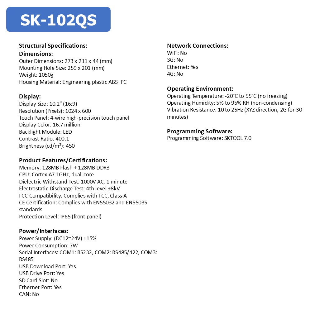 SAMKOON HMI SK-102QS จอทัชสกรีน 10.2" HMI Touch Screen 10.2" รองรับ Ethernet (Human Machine Interface)