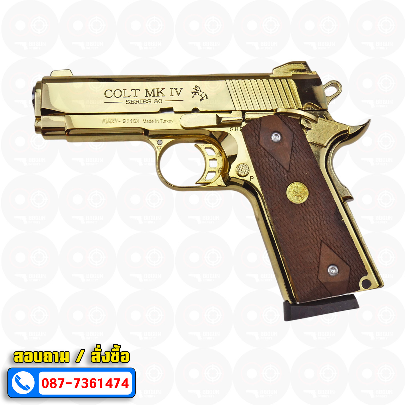 Blank Gun KUZEY M1911 COLT MK IV SERIES 80 ลำกล้อง 4 นิ้ว สีทอง แบลงค์กัน ด้ามไม้