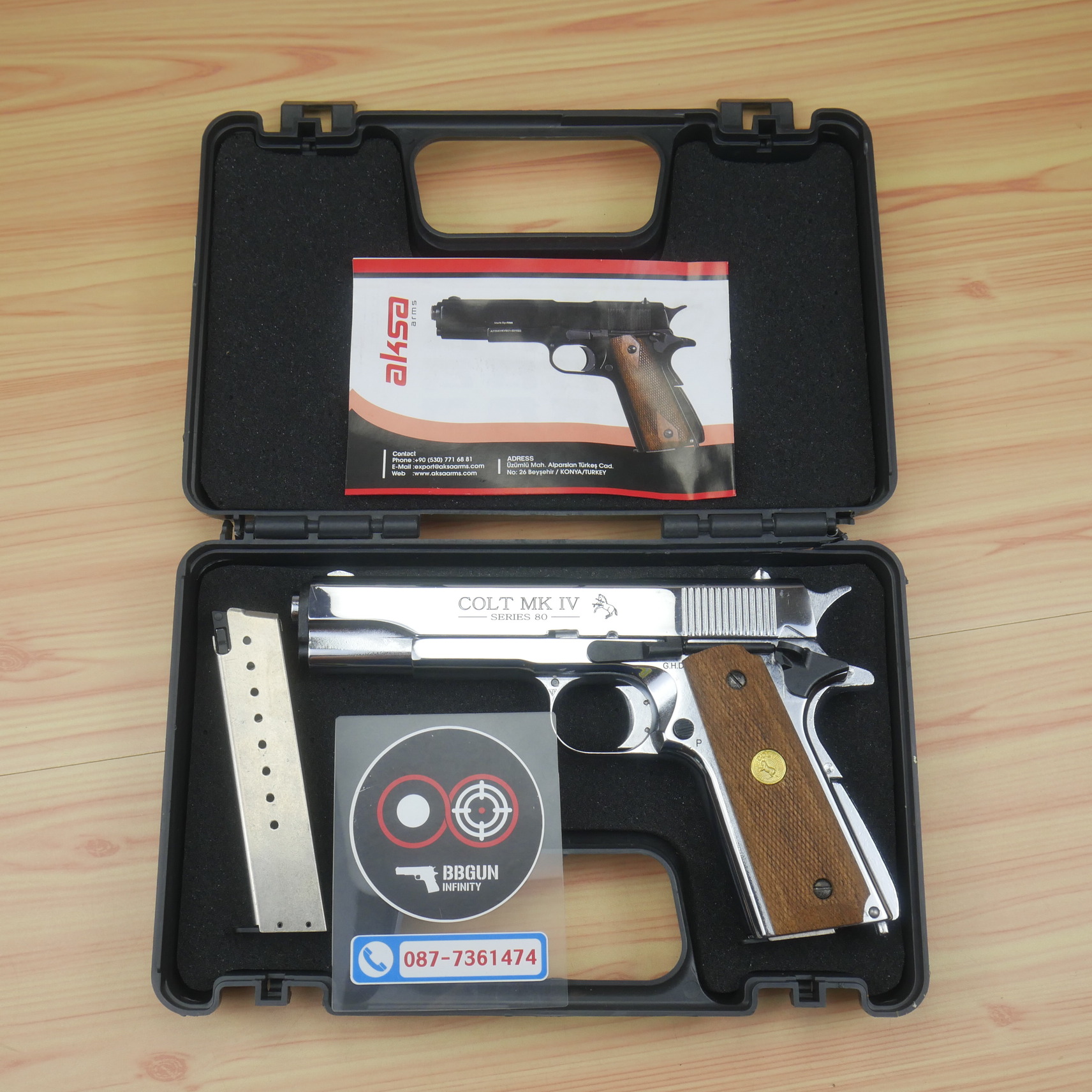 แบลงค์กัน AKSA Colt MK IV Series 80 Automatic Caliber .45 สีเงินเงา กริปไม้ (2 แม็กกาซีน) BLANK GUN