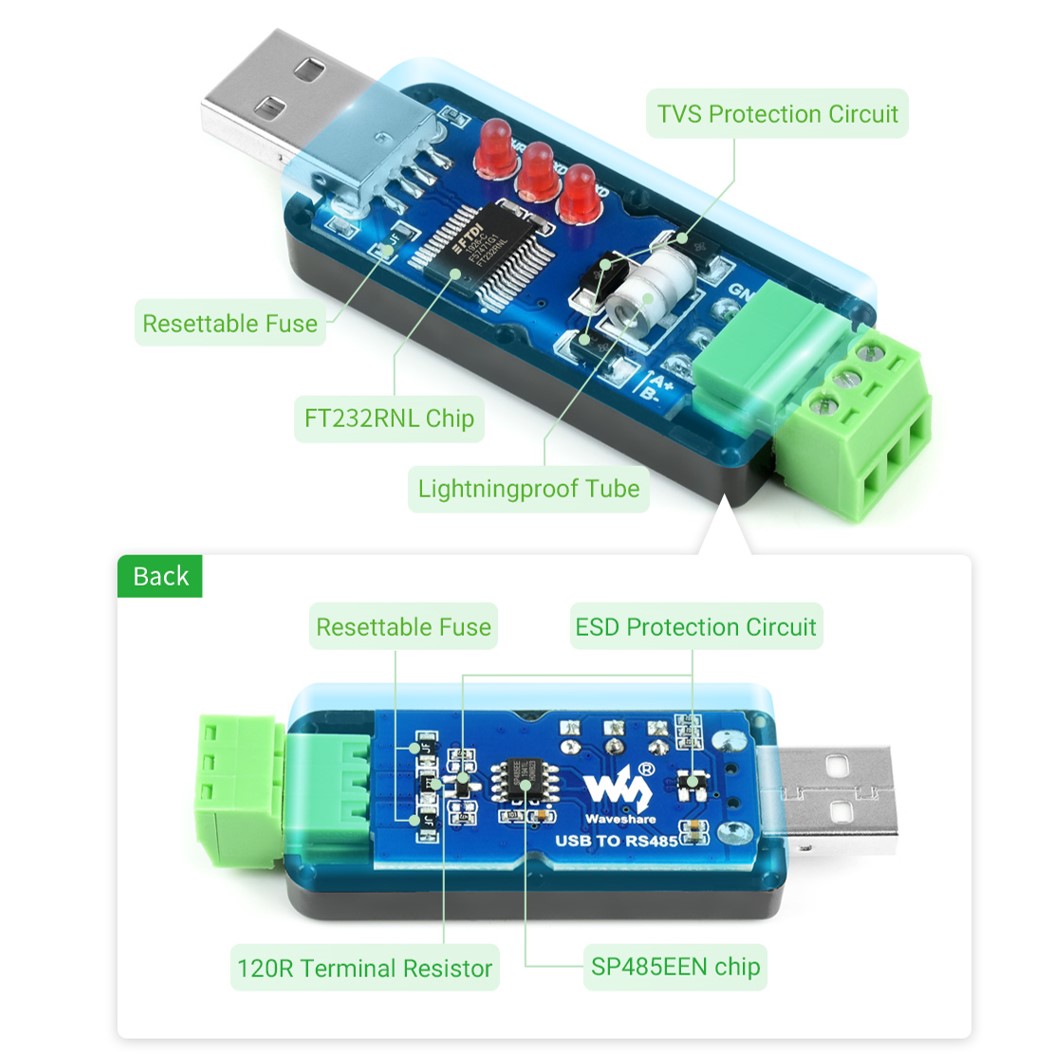ZE002 WAVESHARE ตัวแปลง USB TO RS485 FT232RNL Bidirectional Converter, Industrial Grade ตัวแปลงสัญญาณ