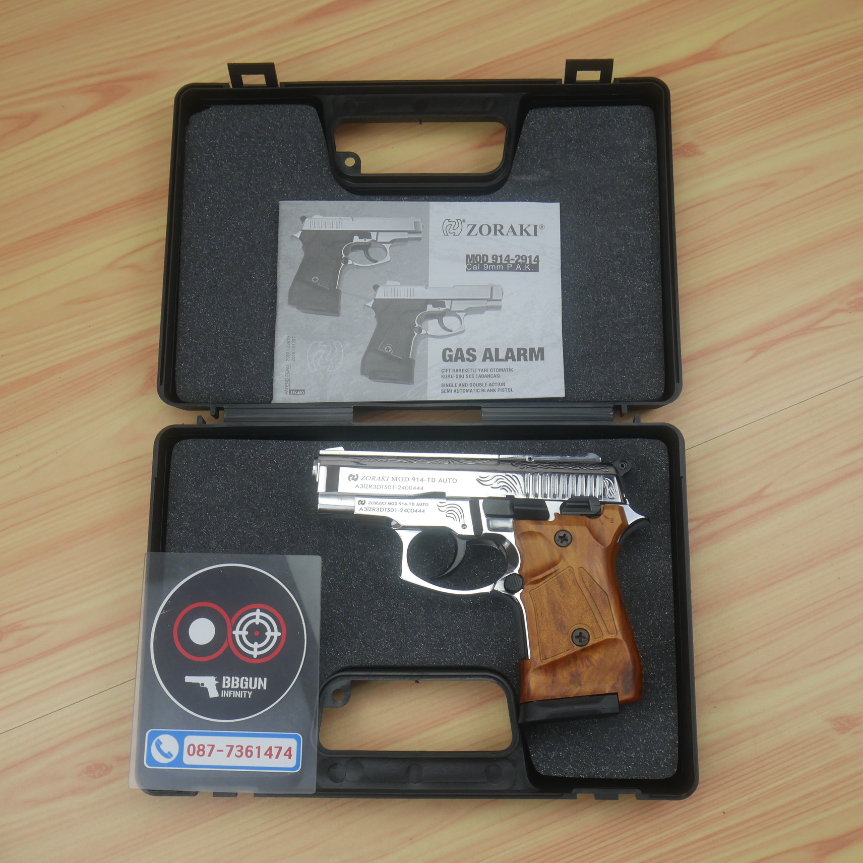ปืนแบลงค์กัน Zoraki 914-TD Auto สีเงินเงาแกะลาย ด้ามลายไม้ 9mm P.A.K. Blank gun (แถมกล่องใส่ปืน)