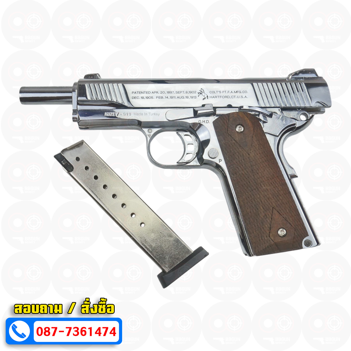 แบลงค์กัน KUZEY M1911 COLT'S 100 ปี สีเงินเงา 5 นิ้ว ด้ามไม้ blank gun