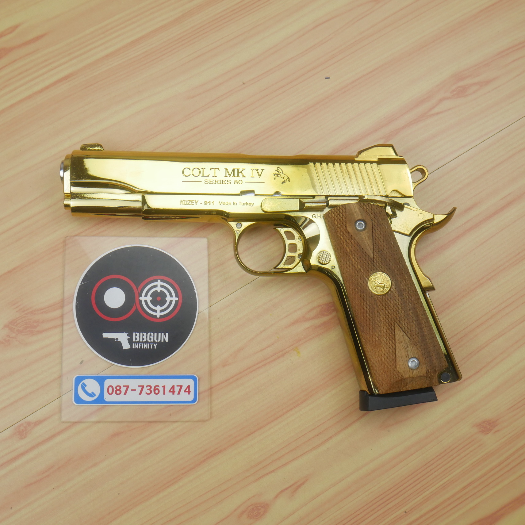 แบลงค์กัน KUZEY M1911 COLT MK IV SERIES 80 สีทอง 5 นิ้ว ด้ามไม้ Blank Gun