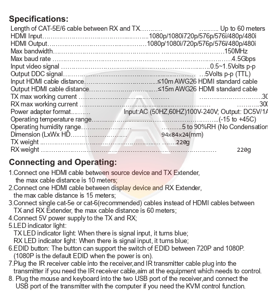 Apollo HDMI Extender AX09 60M 1080P +USB