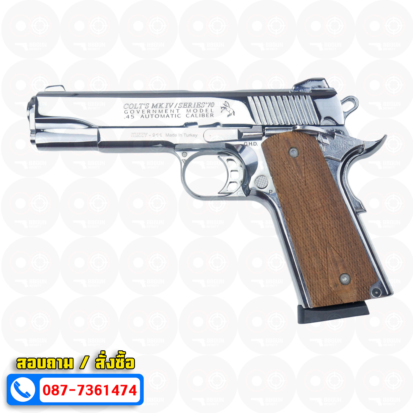 แบลงค์กัน KUZEY M1911 COLT MK IV SR70 สีเงินเงา 5 นิ้ว ด้ามไม้ blank gun