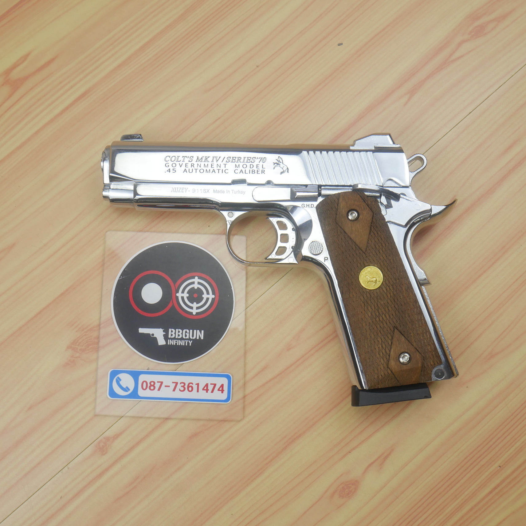 แบลงค์กัน KUZEY M1911 COLT MK IV SR70 สีเงินเงา 4 นิ้ว ด้ามไม้ blank gun
