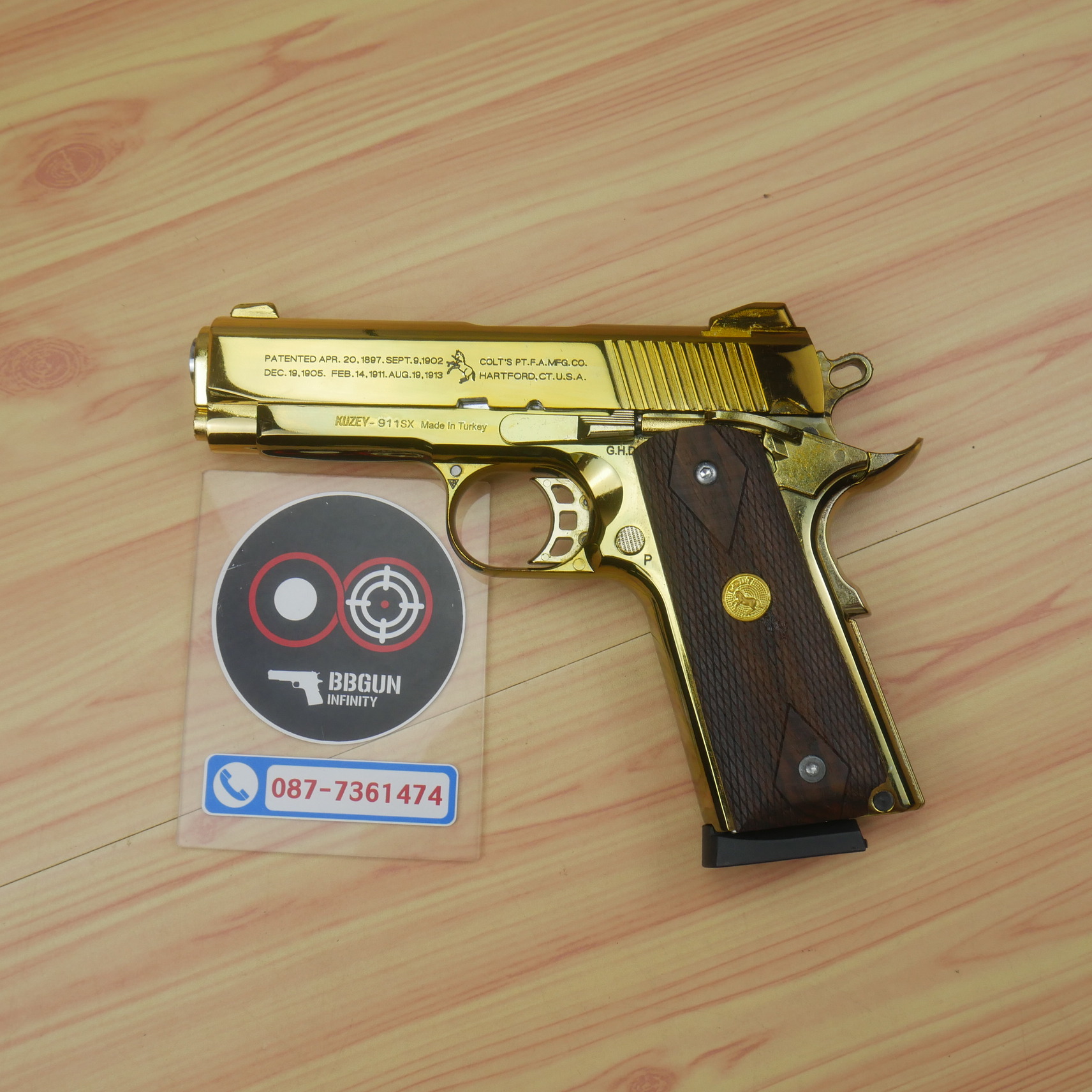 Blank Gun KUZEY M1911 COLT'S 100 ปี สีทอง 4 นิ้ว แบลงค์กัน ด้ามไม้