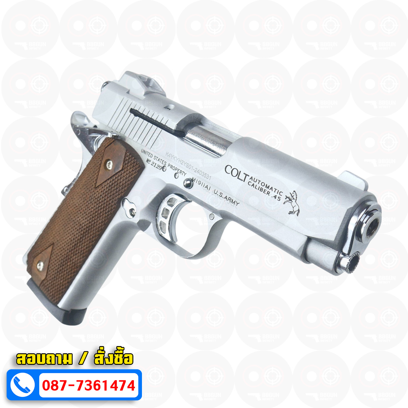 แบลงค์กัน KUZEY M1911 COLT'S DEFENDER SERIES 90 สีเงินด้าน 4 นิ้ว ด้ามไม้ Blank Gun