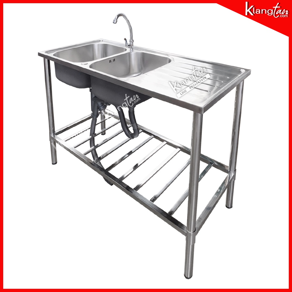 Dyna home อ่างล้างจาน ซิงค์ล้างจาน รุ่น DH-1250-A สแตนเลสทั้งตัว 120x50x75 ซม. แบบ 2 หลุม ชั้นวางด้านล่าง 1 ชั้น ฟรีก๊อก