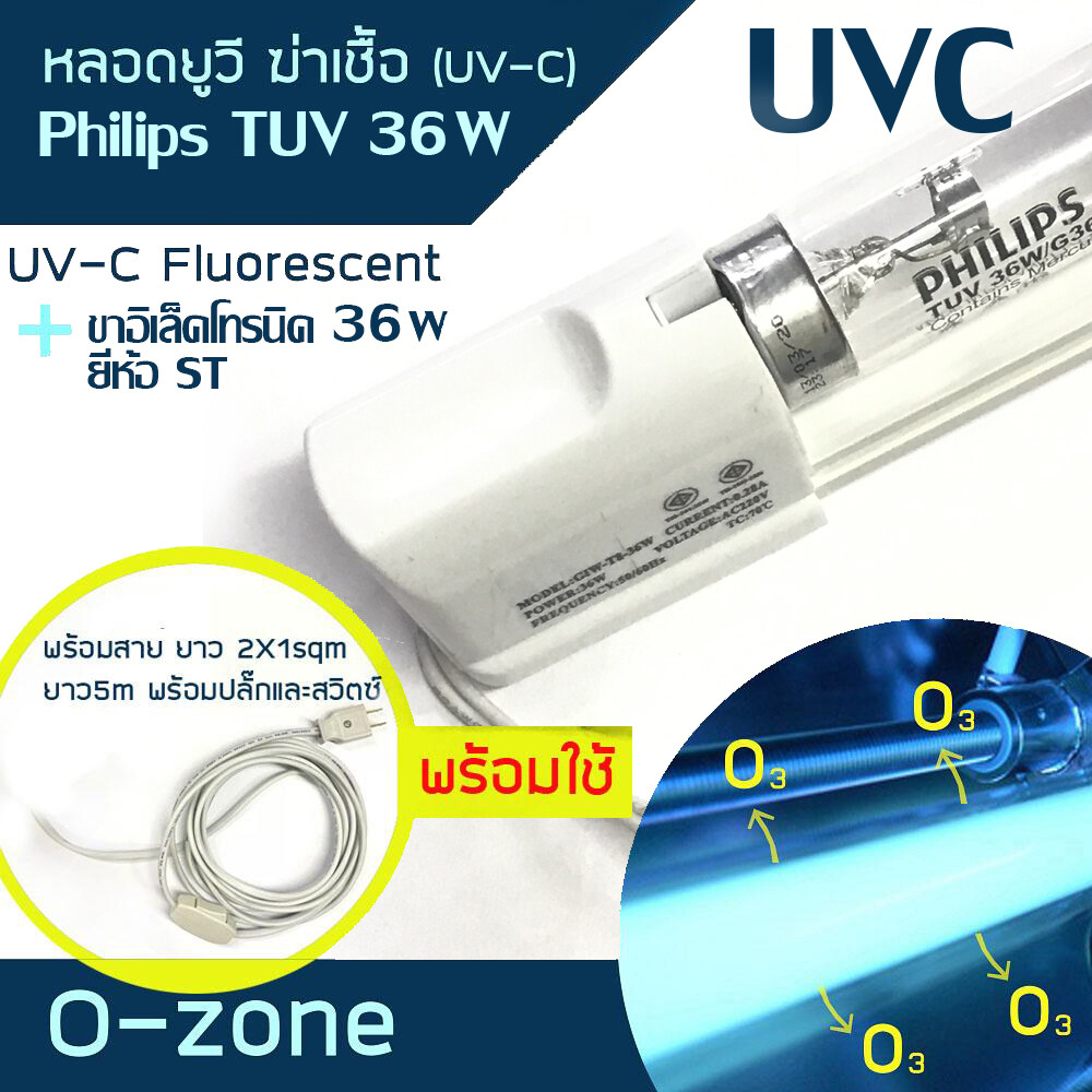 PHILIPS หลอดไฟฆ่าเชื้อพร้อมรางอิเล็กโทรนิก มีสายยาว 5 ม พร้อม สวิตซ์กลางทางและปลั๊ก G36W/G36 GERMICIDAL UVC Lamps 36 วัตต์
