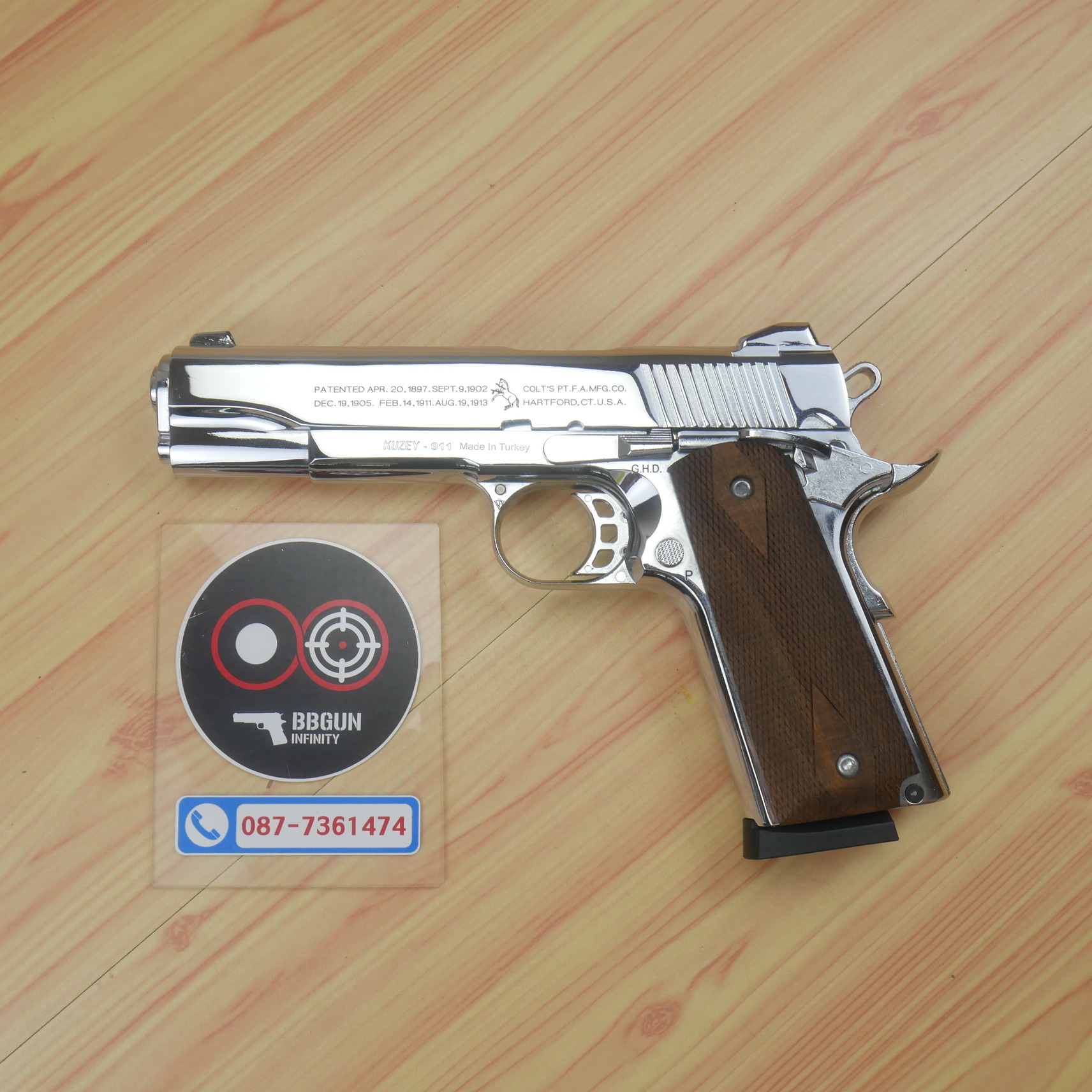 แบลงค์กัน KUZEY M1911 COLT'S 100 ปี สีเงินเงา ลำกกล้อง 5 นิ้ว blank gun ด้ามไม้